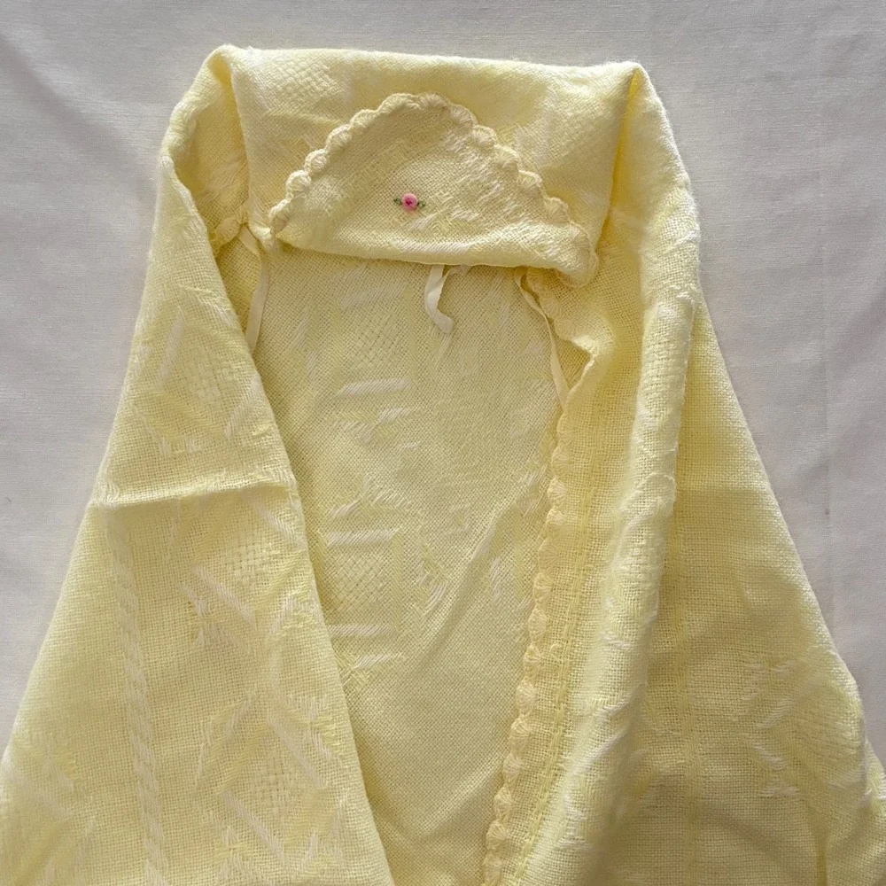 Vintage Handmade Hooded Baby Shawl Heirloom Blanket Layette Butter Yellow Pastel
